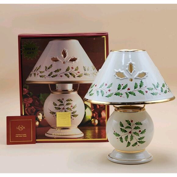 Lenox Holiday Candle Lamp Holly Berry Tealight Votive w/ Shade Original Box - Picture 1 of 10